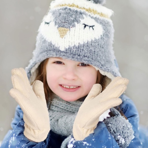 2 Pairs Kids Fleece Gloves Polar Full Finger Winter Warm Gloves Pink & off White - Picture 2 of 6